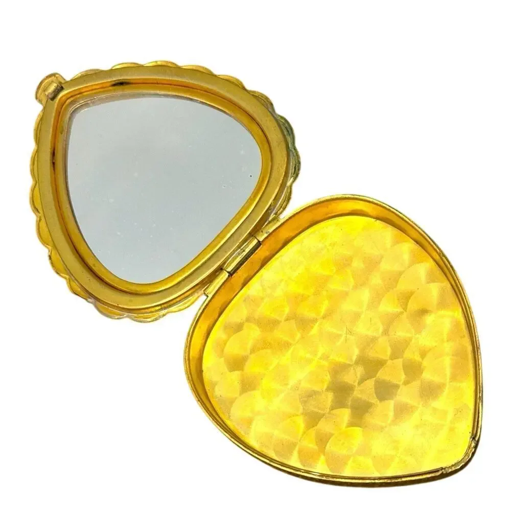 Vintage La Mode Compact Mirror Gold Tone Floral Heart Scalloped Vanity